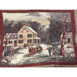 Crown Crafts Winter Scene Sleighride Farm House Throw Blanket Tapestry Vintage